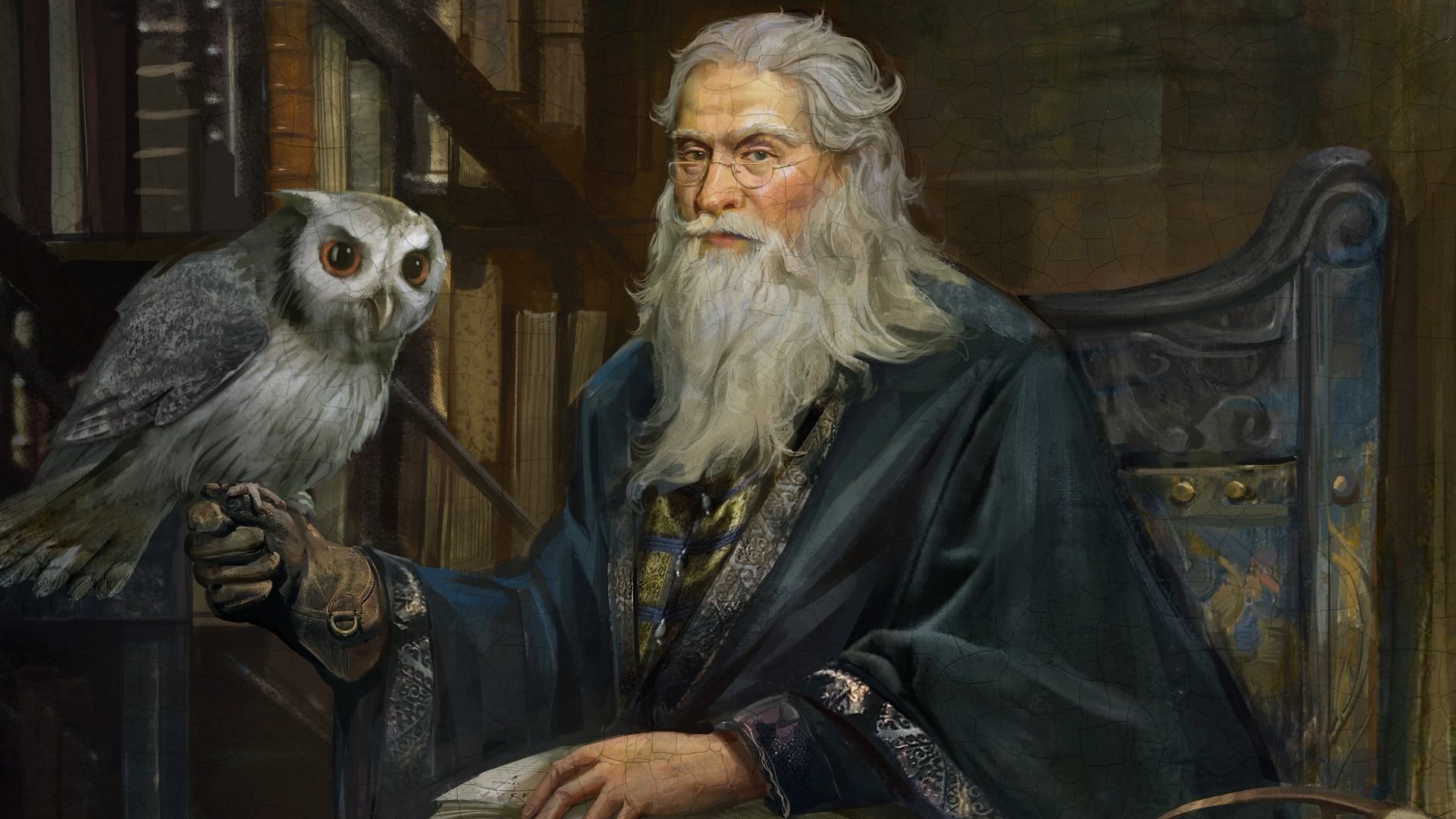 Retrato de Dumbledor e uma coruja branca